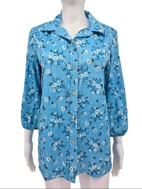 Vintage 70's Floral Women's Button Up Shirt Blue 14